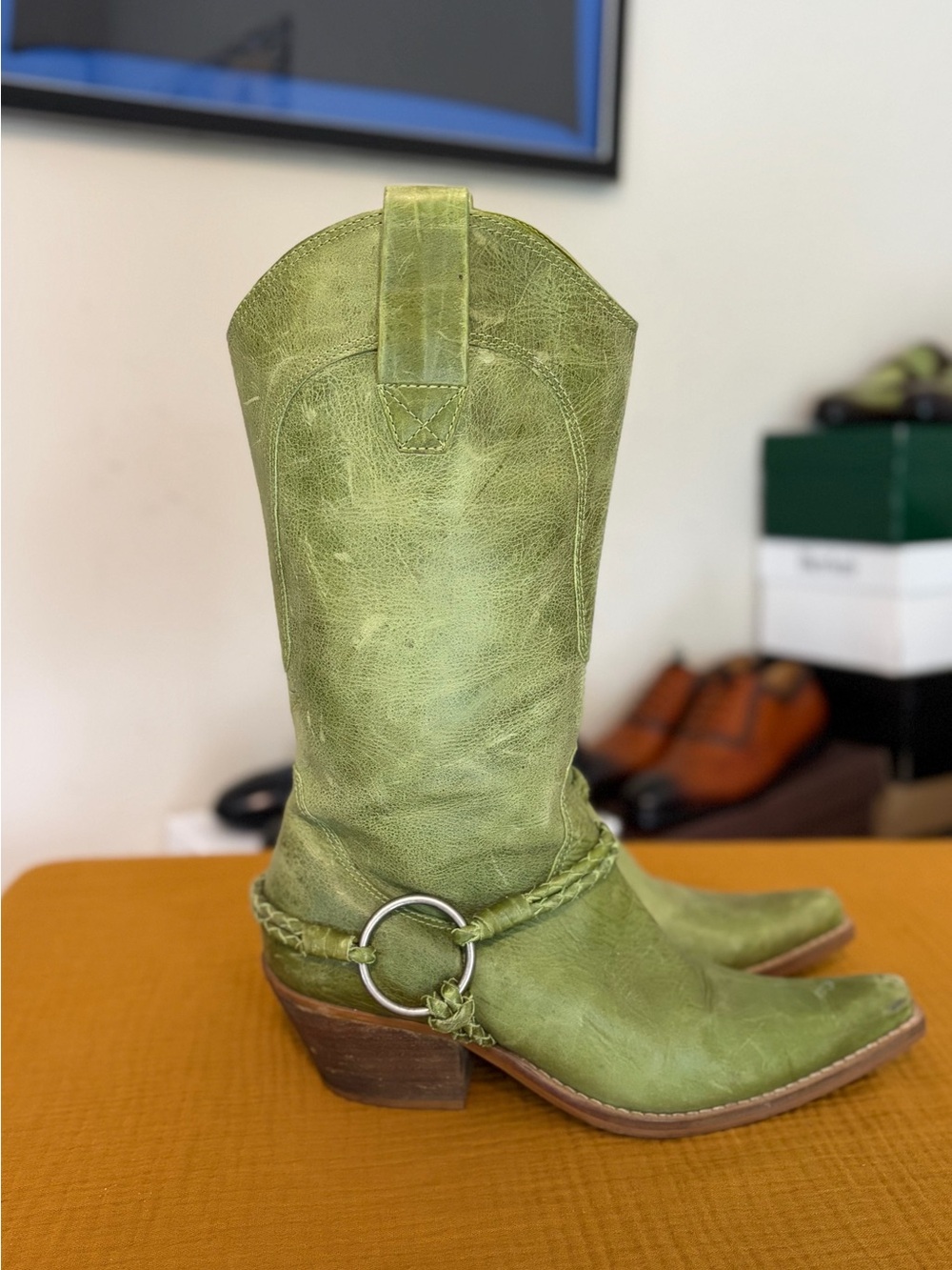 Green Leather Western Cowboy Boots Braided Harness Ring Detail Size 8.5